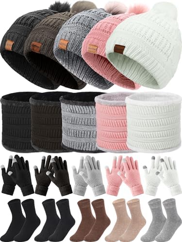 20pcs Winter Hat Scarf Gloves Sock Set Knit Beanie Hat Touchscreen