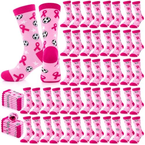 24 Pair Pink Breast Cancer Awareness Crew Socks Bulk Soccer
