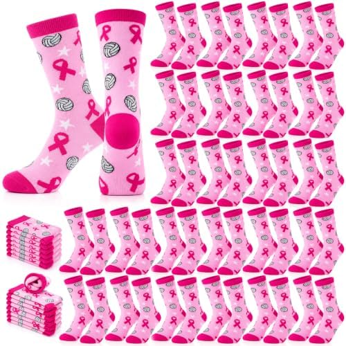 24 Pair Pink Breast Cancer Awareness Crew Socks Bulk Volleyball