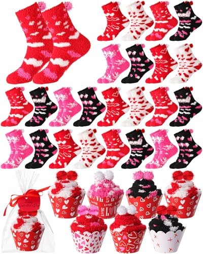 24 Pair Valentines Day Cupcake Socks Bulk Heart Fuzzy Socks for Women