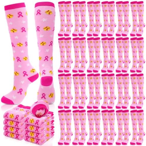 24 Pairs Breast Cancer Awareness Socks Pink Ribbon Knee High Crew Socks