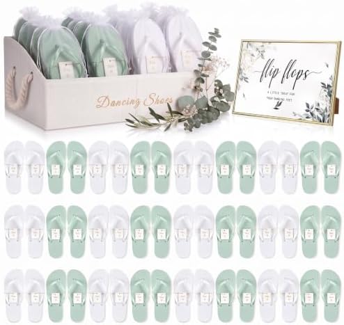 24 Pairs Wedding Flip Flops Bulk with Sign Shoes Basket White Green