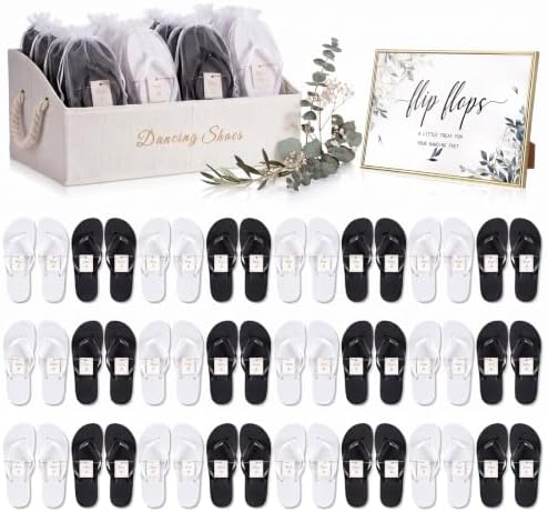 24 Pairs Wedding Flip Flops Bulk with Sign Shoes Basket Black White