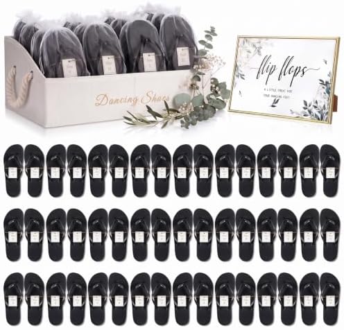 24 Pairs Wedding Flip Flops Bulk with Sign Shoes Basket Black