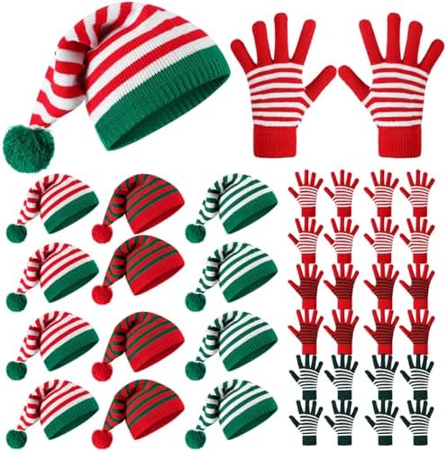 24 Pcs Christmas Knitted Elf Hats Gloves Set for Adults Striped