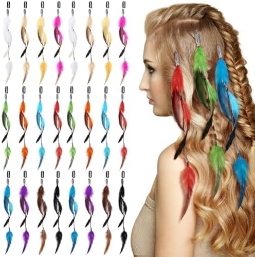 24 Pcs Clip in Hair Feathers with Beads