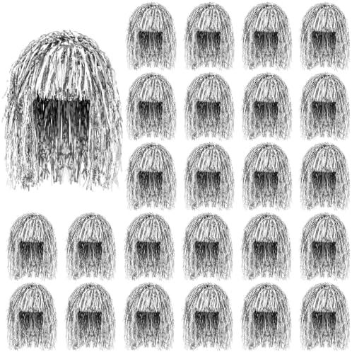 24 Pcs Foil Tinsel Wigs for Women Silver Tinsel Party Wigs