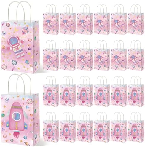 24 Pcs Pink Outer Space Party Favor Bags Space Gift Bag with Handles