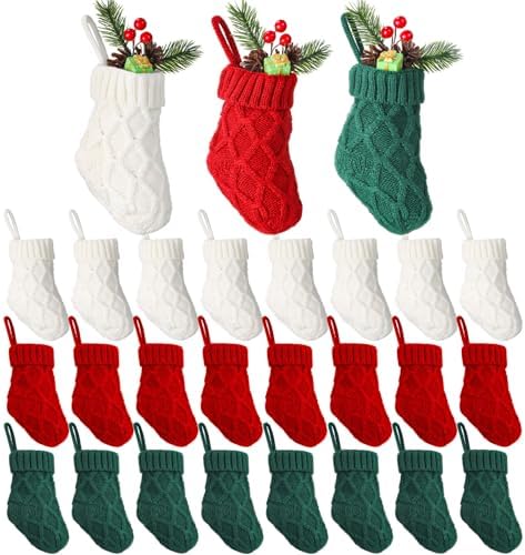 24 Pieces Mini Christmas Knit Stockings 6 Inch Cable Knitted Stockings