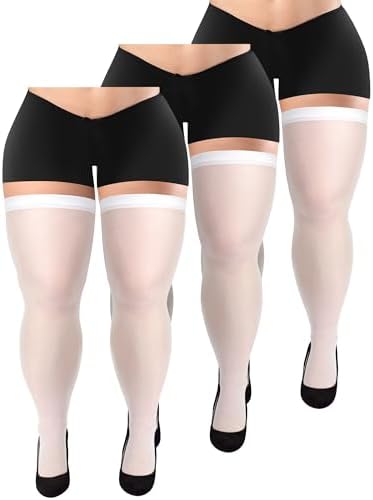 3/6 Pairs Plus Size Thigh High Stocking for Women White 3 Pairs