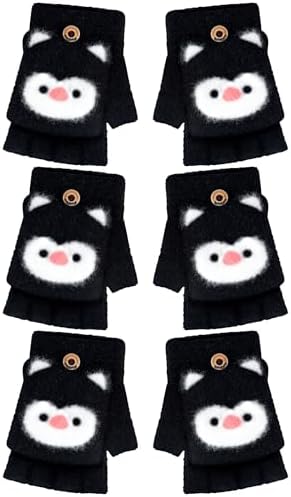 3 Pair Flip Top Mitts Black 4-7year Cute