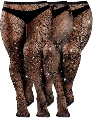 3 Pair Halloween Plus Size Fishnet Thigh Classic M Black