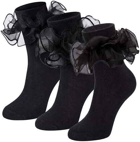 3 Pair Women Big Ruffle Calf Socks Black Style 1