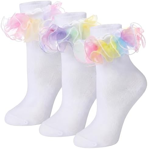 3 Pair Women Big Ruffle Calf Socks Rainbow Color Style 2