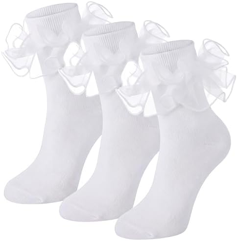 3 Pair Women Big Ruffle Calf Socks White Style 1