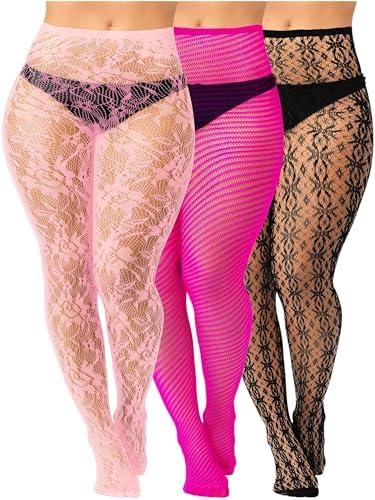3 Pair Women Plus Size Fishnets Stockings Floral Lace Tights High Waist