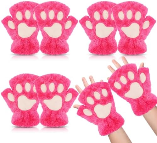 3 Pairs Cat Paw Gloves Rose Red
