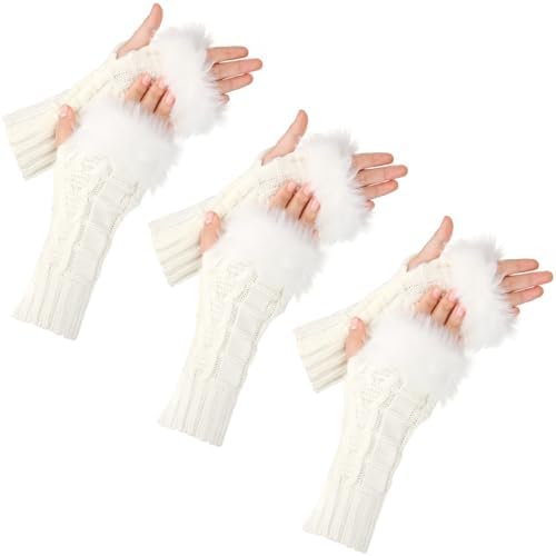 3 Pairs Fingerless Gloves Faux Fur Knit White