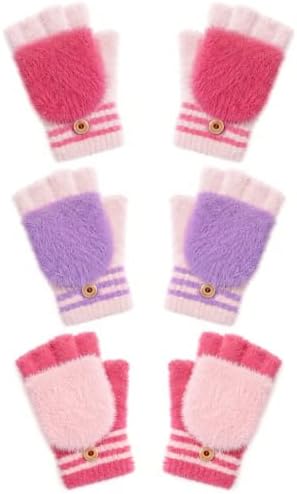 3 Pairs Kids Fingerless Gloves Winter Warm Fresh Colors 4-7Y