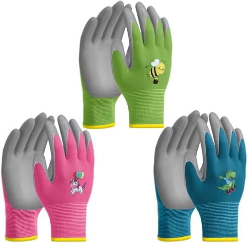 3 Pairs Kids Gardening Gloves Rubber Coated Yard