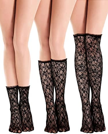 3 Pairs Lace Socks for Women Knee High Ruffle Fishnet