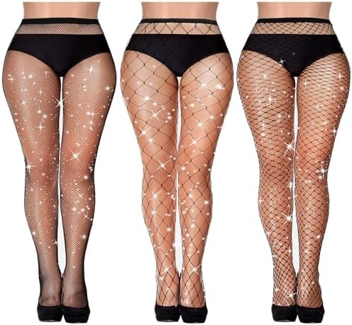3 Pairs Rhinestone Fishnets Stockings for Women One Size Black