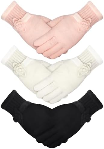 3 Pairs Winter Warm Gloves for Women Floral-cuff Knit Gloves Pink Black