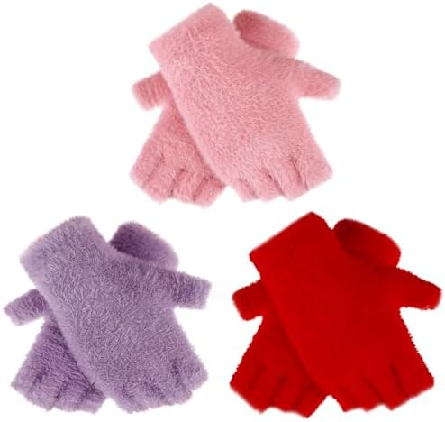 3 Pairs Women Fur Fingerless Gloves Winter Half Finger Knit Gloves