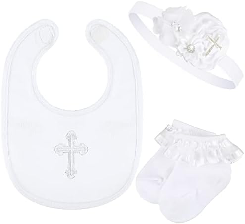3 Pcs Baptism Bib for Baby Girl Baptism Candle Set Socks Pearl Headband
