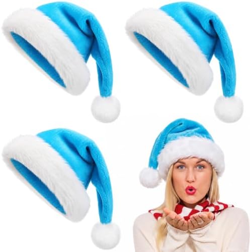 3 Pcs Blue Santa Hats for Christmas