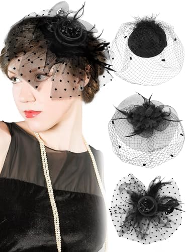 3 Pcs Fascinators Hats Women Mesh Veil with Feather Headband for Derby