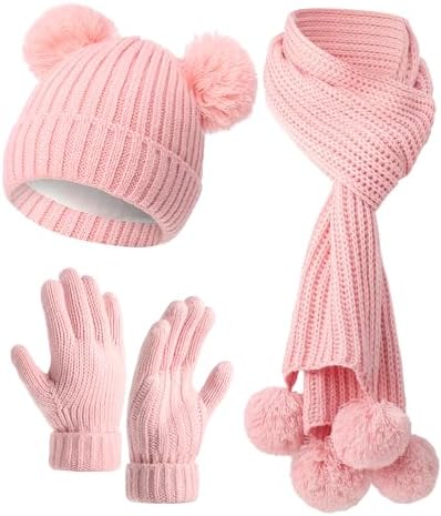 3 Pcs Kids Winter Hat Gloves Scarf Set for Age 2-8 Yrs Boys Girls Winter
