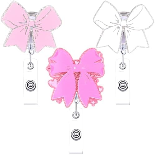 3 Pcs Pink Bow Badge Coquette Badge Reel Cute ID Card Retractable
