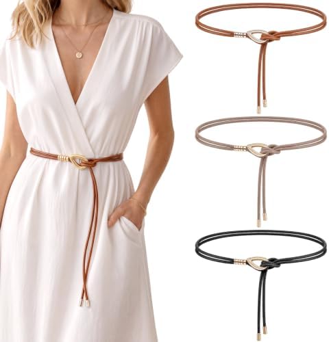 3 Pcs PU Leather Women Knotted Skinny Belts for Dresses