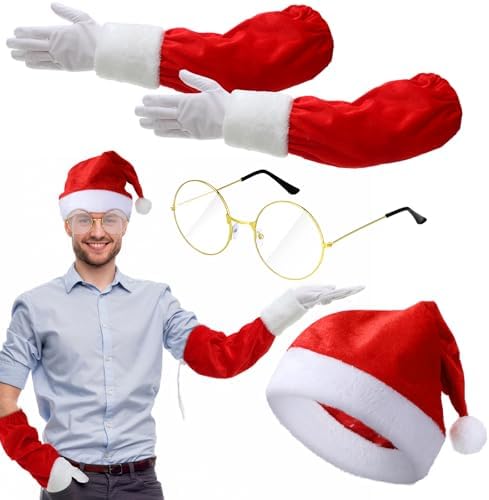 3 Pcs Santa Claus Costume Set Sleeve Gloves Hat Glasses Cosplay