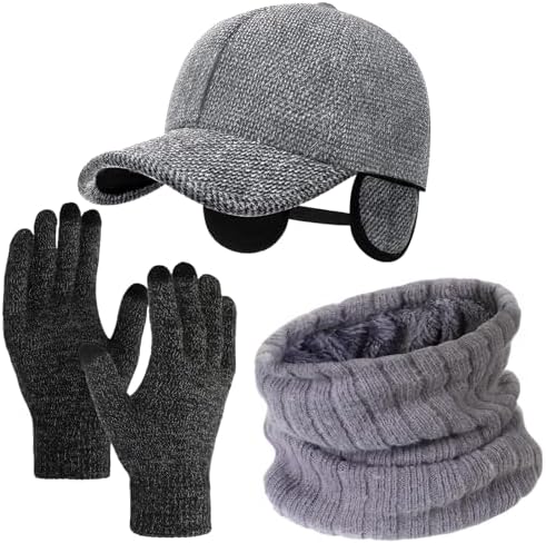 3 Pcs Winter Hat Scarf Gloves Set Men Baseball Cap Ear Flaps