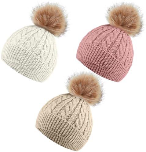 3 Pcs Winter Knit Beanie Detachable Pompom 3Color