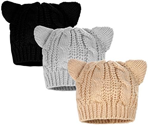 3 Pieces Cat Ear Knit Cap Crochet Braided Knit Caps Handmade Knit Lined