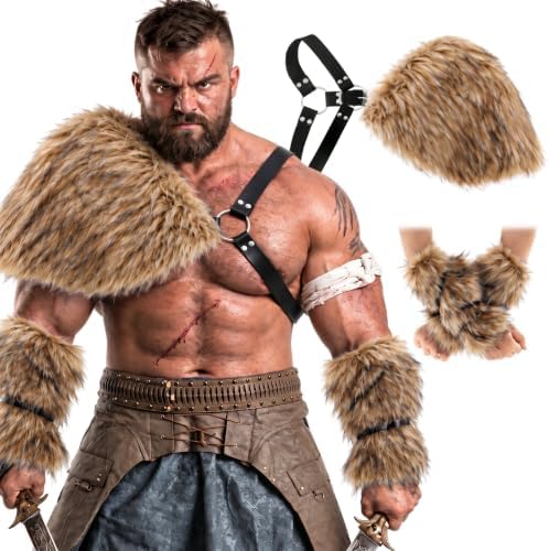 3 Pieces Men's Viking Fur Shoulder Armor Brown