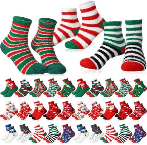 30 Pairs Christmas Fuzzy Socks Women Men Warm Cozy Bulk Set