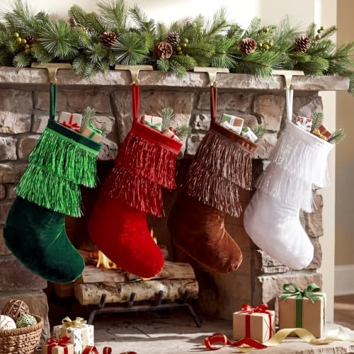 4 Pack Large Velvet Christmas Stockings with Tinsel Fringe