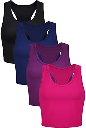 4 Pack Women's Workout Crop Tank Tops Cotton Racerback S 4Color