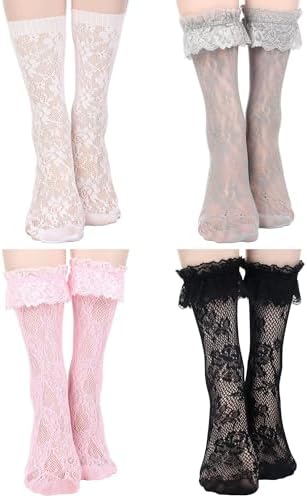 4 Pair Women Fishnet Knee High Stockings Lace Hollow out Women's Calf