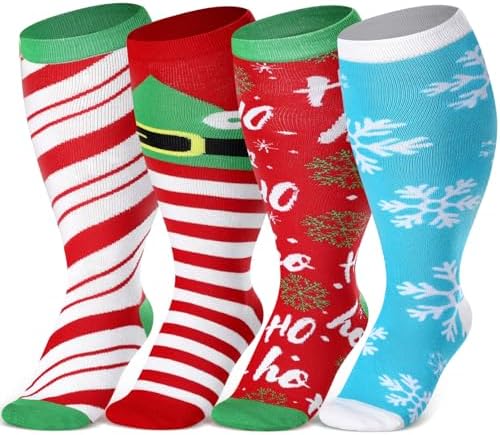 4 Pairs Christmas Plus Size Compression Sock Wide Calf for Women Men