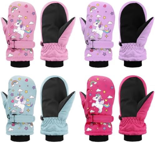 4 Pairs Kids Winter Waterproof Ski Gloves Pastel Unicorn 5-8Y