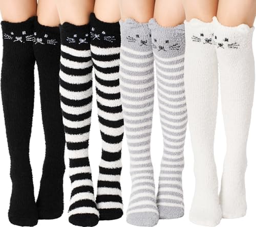 4 Pairs Knee High Fuzzy Socks for Women Winter Classic Cat Stripes