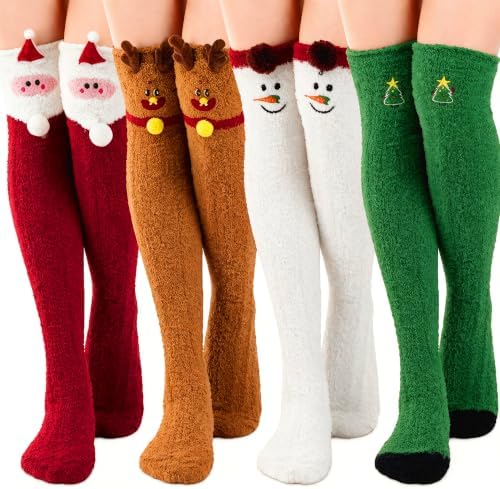 4 Pairs Knee High Fuzzy Socks for Women Winter Holiday Santa