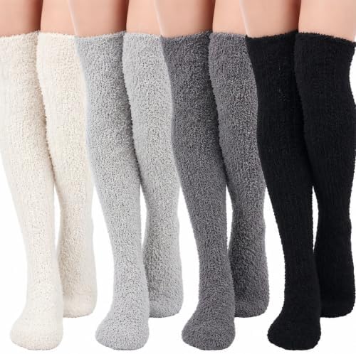4 Pairs Knee Thigh High Fuzzy Socks for Women Long over Knee Fuzzy Socks