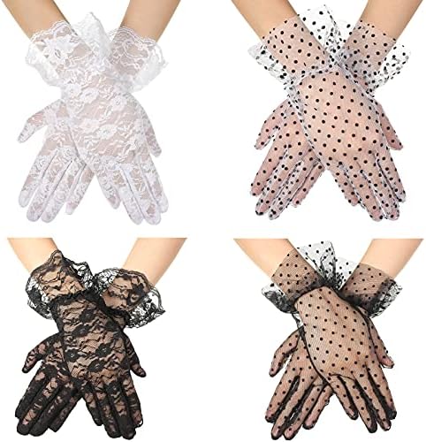 4 Pairs Lace Gloves Women Black and White Polka Dot Floral Tea Party