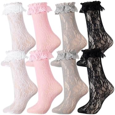 4 Pairs Lace Ruffle Ankle Socks Black White Pink Gray
